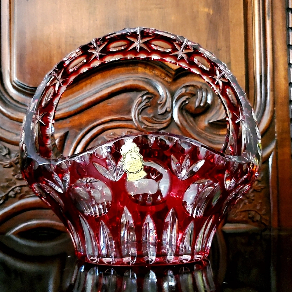8 3/4" Vntg West German Imperlux Hand Made Cut To Clear Ruby Red Basket